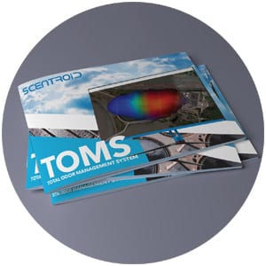 TOMS Total Odour Management Software Odor Odorous Complaints Neighbourhood Complaining Smell Bad Smell TOMS Brochures in a pile